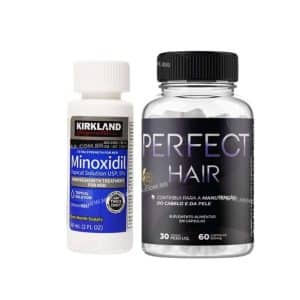 1 frasco de minoxidil e um pote de perfect hair