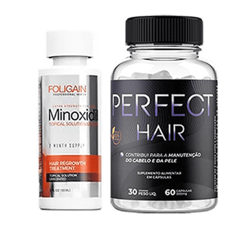 Frasco de minoxidil foligain + perfect hair alta resolução